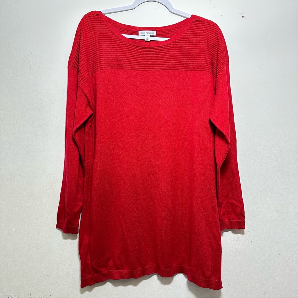 Kim Rogers long sleeve Red Ribbed Knit Top‎ Sweater, Size Large, Textured Yoke